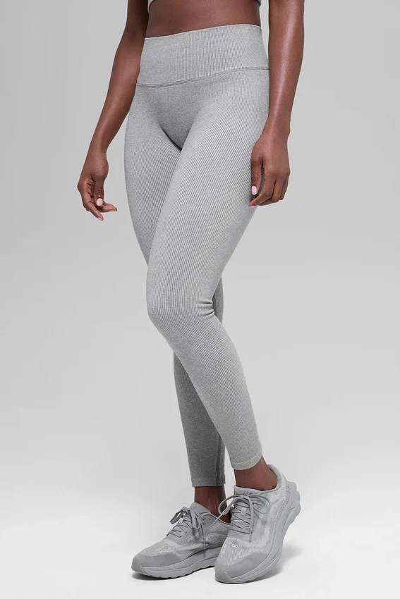 Legging sans coutures High-Waist et à côtes bicolores - Gris brume clair chiné
