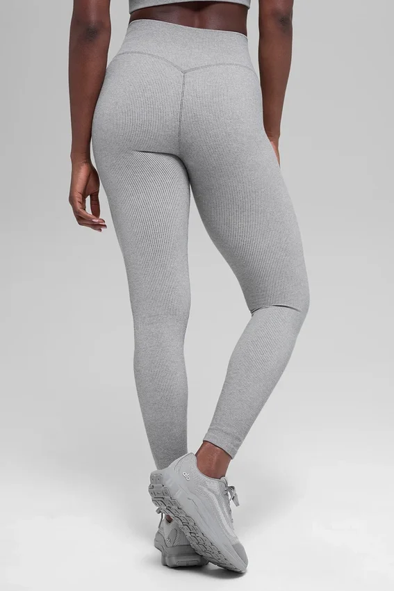 Legging sans coutures High-Waist et à côtes bicolores - Gris brume clair chiné