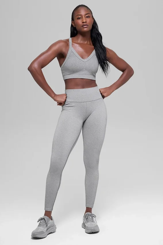 Legging sans coutures High-Waist et à côtes bicolores - Gris brume clair chiné