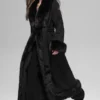 Manteau long bordé de fausse fourrure - Noir