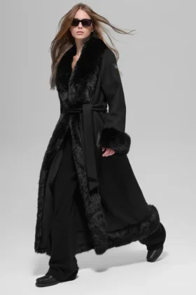 Manteau long bordé de fausse fourrure - Noir