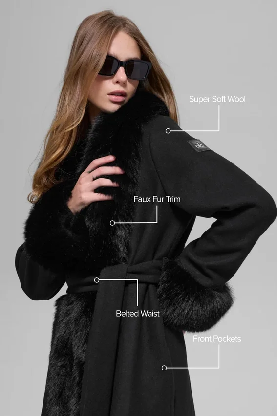 Manteau long bordé de fausse fourrure - Noir