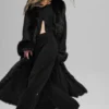 Manteau long bordé de fausse fourrure - Noir