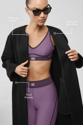 Manteau long City Girl en laine double face – Noir