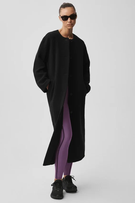 Manteau long City Girl en laine double face – Noir