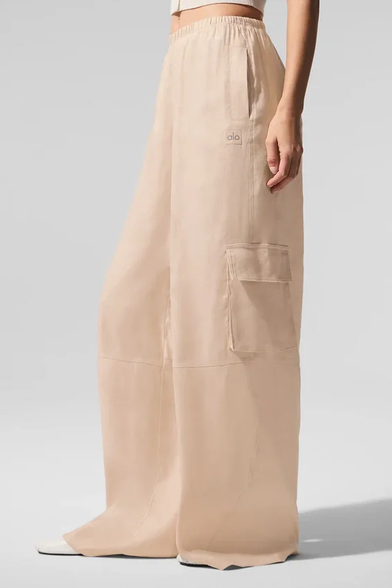 Pantalon cargo à jambes larges Linen Getaway - Macadamia