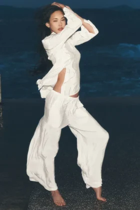 Pantalon droit High-Waist semi-transparent « Golden Hour » - Ivoire