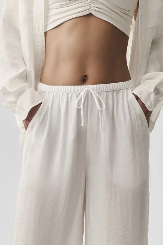 Pantalon droit High-Waist semi-transparent « Golden Hour » - Ivoire