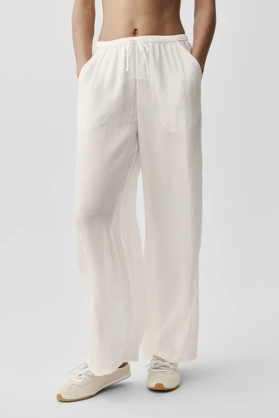 Pantalon droit High-Waist semi-transparent « Golden Hour » - Ivoire