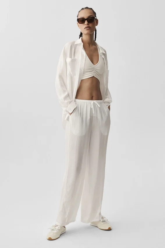 Pantalon droit High-Waist semi-transparent « Golden Hour » - Ivoire