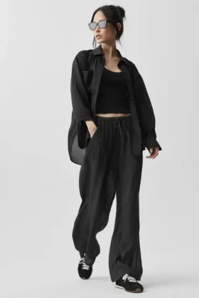 Pantalon droit High-Waist semi-transparent « Golden Hour » – Noir