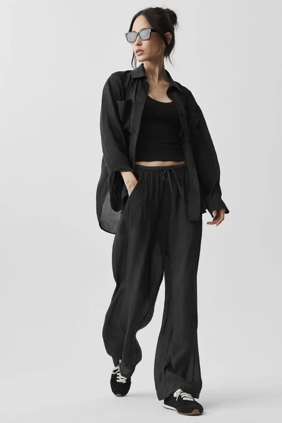 Pantalon droit High-Waist semi-transparent « Golden Hour » – Noir