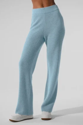 Pantalon en cachemire High-Waist et motif gaufré moelleux - Bleu céleste chiné