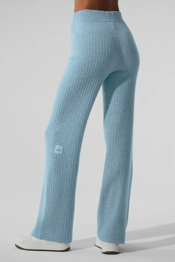 Pantalon en cachemire High-Waist et motif gaufré moelleux - Bleu céleste chiné