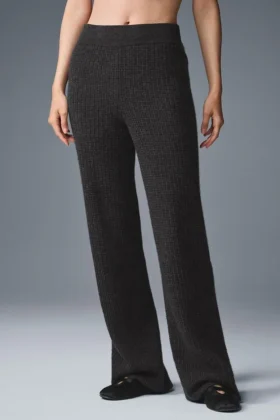 Pantalon en cachemire High-Waist et motif gaufré moelleux - Gris chiné foncé