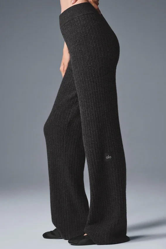 Pantalon en cachemire High-Waist et motif gaufré moelleux - Gris chiné foncé