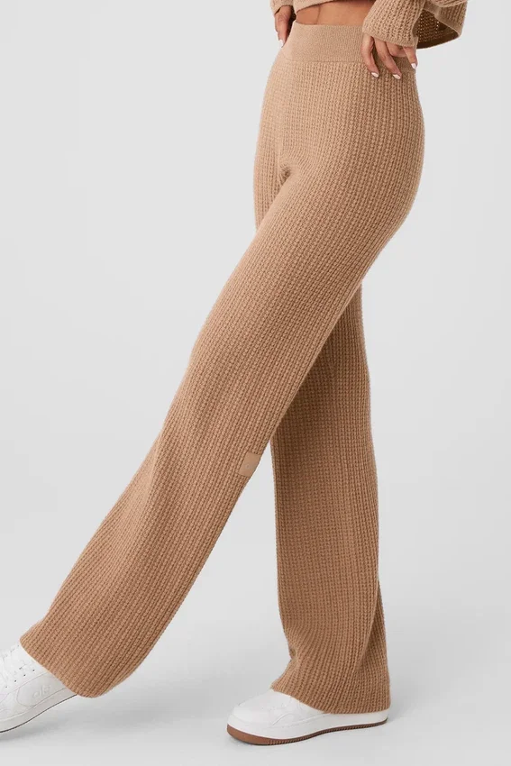 Pantalon en cachemire High-Waist et texture gaufrée - Amande grillée
