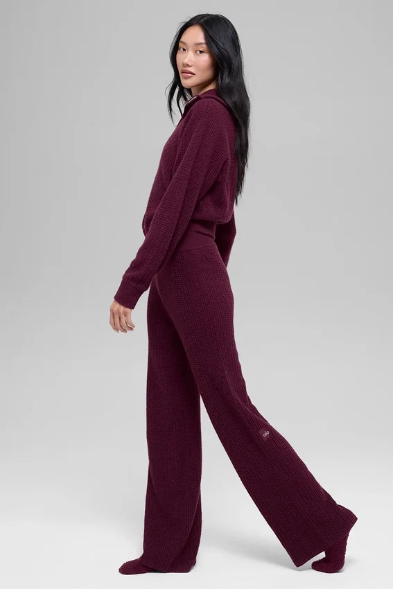 Pantalon en cachemire High-Waist et texture gaufrée - Bordeaux