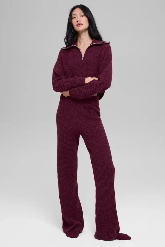 Pantalon en cachemire High-Waist et texture gaufrée - Bordeaux