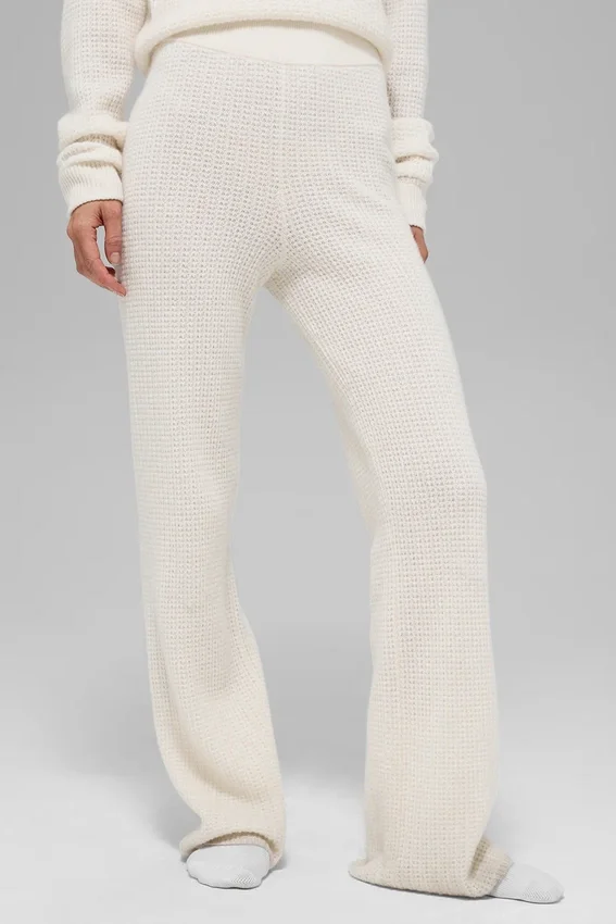 Pantalon en cachemire High-Waist et texture gaufrée - Ivoire