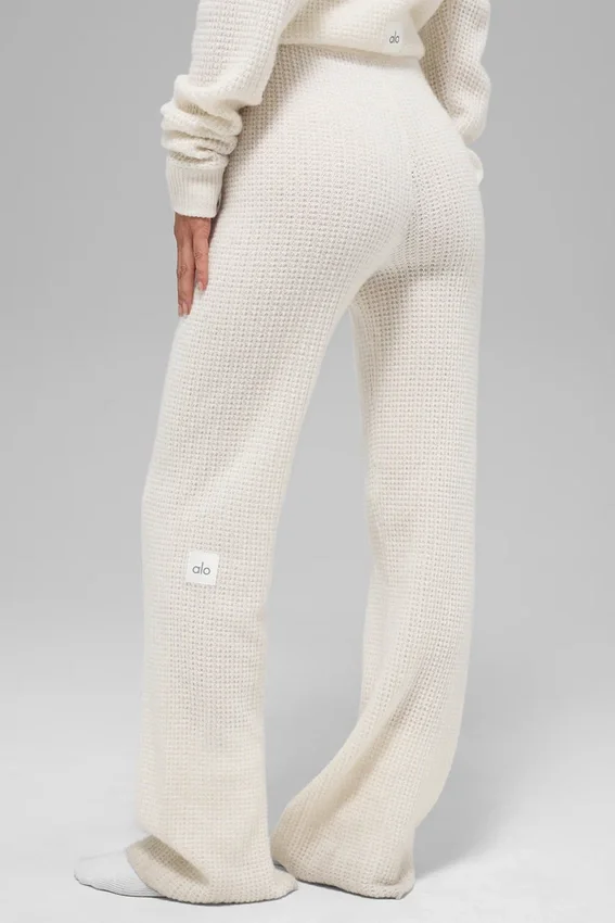 Pantalon en cachemire High-Waist et texture gaufrée - Ivoire