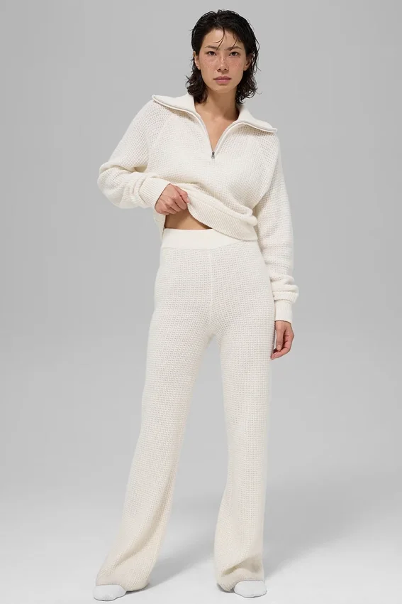 Pantalon en cachemire High-Waist et texture gaufrée - Ivoire