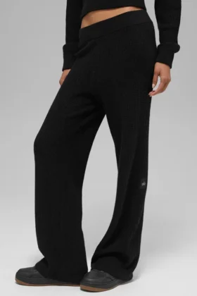 Pantalon en cachemire High-Waist et texture gaufrée - Noir