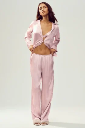 Pantalon en soie lumineuse (long) - Rose champagne