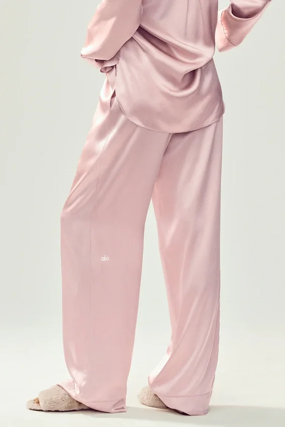 Pantalon en soie lumineuse (long) - Rose champagne