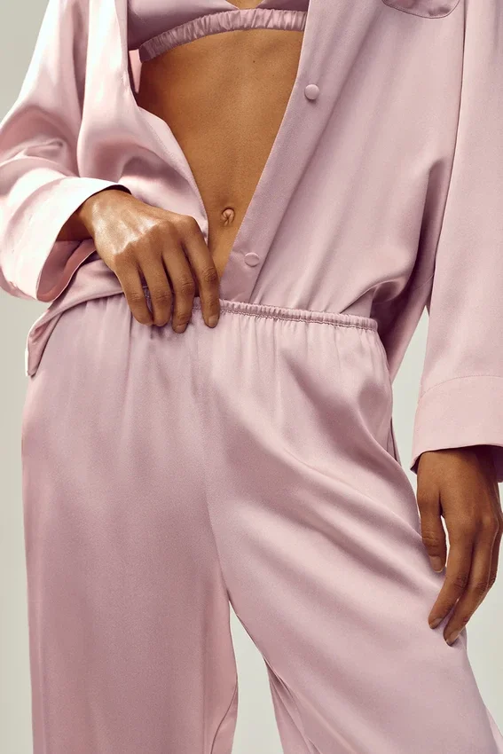 Pantalon en soie lumineuse (long) - Rose champagne