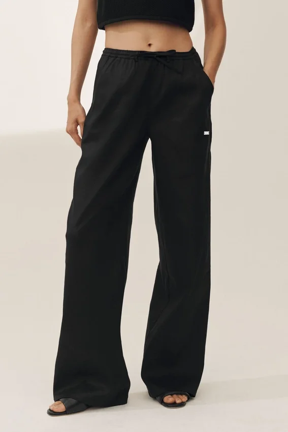 Pantalon à jambes larges Riviera en mélange de lin – Noir
