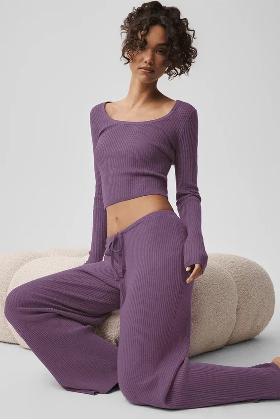 Pantalon large à taille mi-haute en pull – Plum Kiss