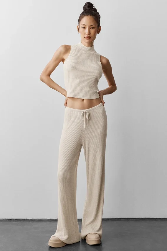 Pantalon large taille mi-haute en pull « Unwind » - Gris chiné