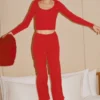 Pantalon large taille mi-haute en pull « Unwind » - Rouge vif