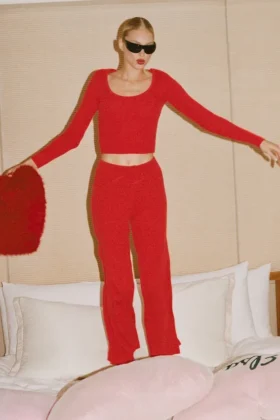 Pantalon large taille mi-haute en pull « Unwind » - Rouge vif