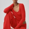 Pantalon large taille mi-haute en pull « Unwind » - Rouge vif