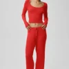 Pantalon large taille mi-haute en pull « Unwind » - Rouge vif