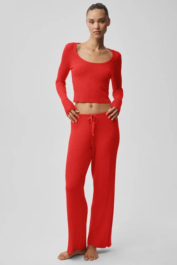 Pantalon large taille mi-haute en pull « Unwind » - Rouge vif
