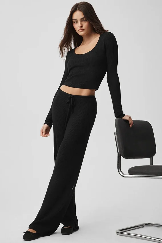 Pantalon large taille mi-haute Unwind en pull – Noir