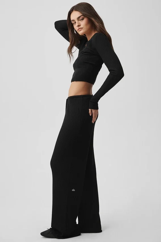 Pantalon large taille mi-haute Unwind en pull – Noir