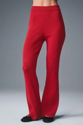 Pantalon évasé High-Waist en jersey denim – Rouge vif/Rouge foncé vif