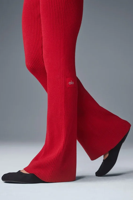 Pantalon évasé High-Waist en jersey denim – Rouge vif/Rouge foncé vif