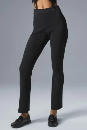 Pantalon évasé High-Waist en tricot denim - Noir/Anthracite