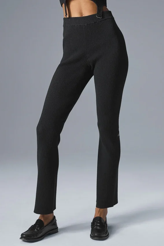 Pantalon évasé High-Waist en tricot denim - Noir/Anthracite