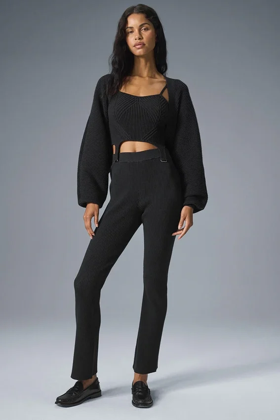 Pantalon évasé High-Waist en tricot denim - Noir/Anthracite