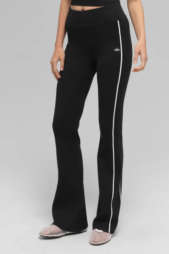 Pantalon évasé Highline en maille côtelée – Noir/Blanc