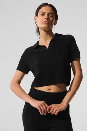 Polo en cachemire moelleux à motif gaufré – Noir