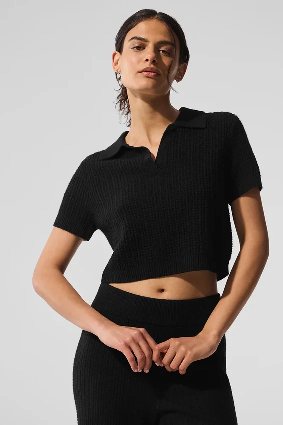 Polo en cachemire moelleux à motif gaufré – Noir