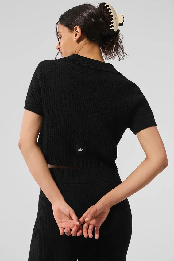 Polo en cachemire moelleux à motif gaufré – Noir