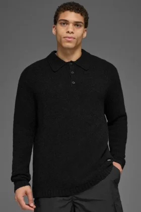 Polo à manches longues en maille texturée - Noir
